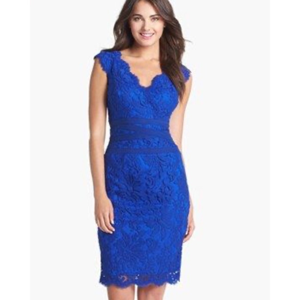 Designer Tadashi Shoji Blue Lace Dress | Wedding Guest Cocktail Dress 0